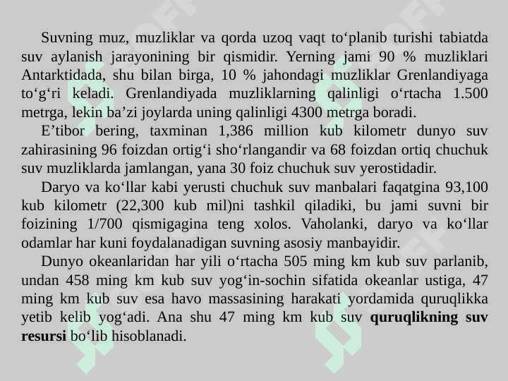 Suv: qayta tiklanadigan va zahira qilinadigan manbalar. Yer: joylashishi va undan ko‘p maqsadli foydalanish 5