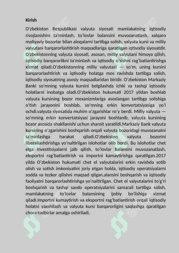 O‘zbekiston Respublikasi valyuta                         siyosati. 2