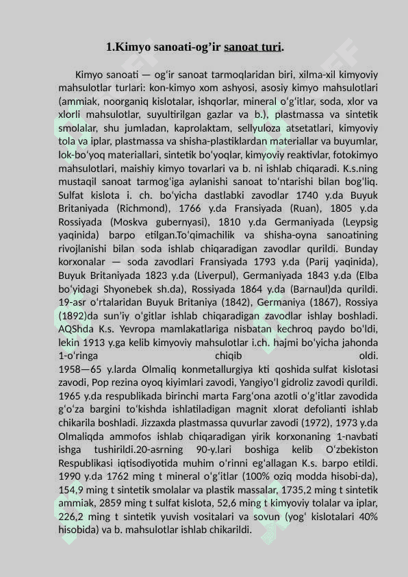 O’zkimyo sanoat majmuasidagi ishlab        chiqariladigan mahsulotlar. 2