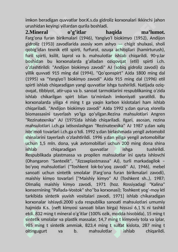 O’zkimyo sanoat majmuasidagi ishlab        chiqariladigan mahsulotlar. 4