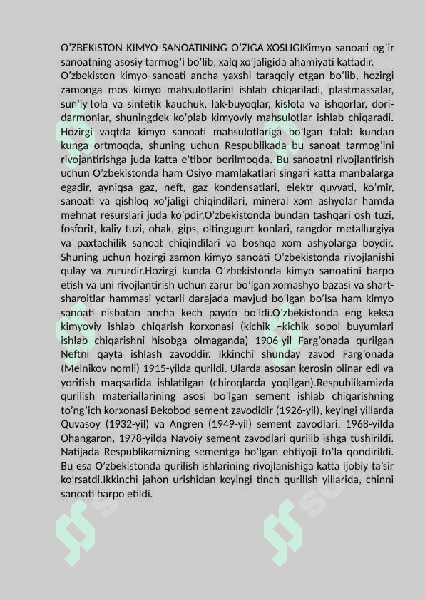 O’zkimyo sanoat majmuasidagi ishlab        chiqariladigan mahsulotlar. 5