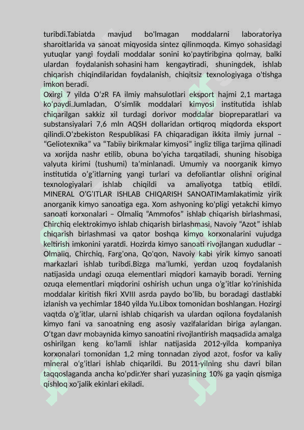 O’zkimyo sanoat majmuasidagi ishlab        chiqariladigan mahsulotlar. 8