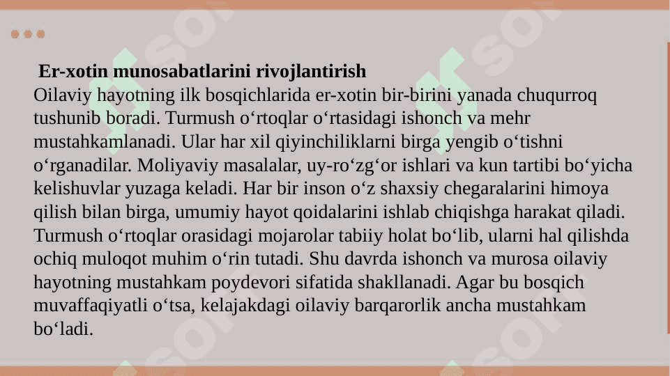 1. Oila xаyotiy siklining asosiy bosqichlari. 2. Shaxs rivojlanishida oilaning o’rni. 3. Oilada rollar taqsimoti va oilaning rollar tuzilishi. 4