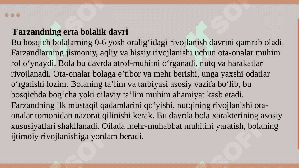 1. Oila xаyotiy siklining asosiy bosqichlari. 2. Shaxs rivojlanishida oilaning o’rni. 3. Oilada rollar taqsimoti va oilaning rollar tuzilishi. 6