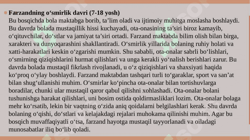 1. Oila xаyotiy siklining asosiy bosqichlari. 2. Shaxs rivojlanishida oilaning o’rni. 3. Oilada rollar taqsimoti va oilaning rollar tuzilishi. 8