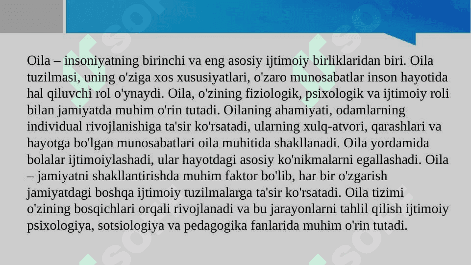1. Turli mualliflar nuqtai-nazaridan oila bosqichlari tahlili. 2. Psixologik adaptatsiya va oila integratsiyasi. 3. Oilada rollar taqsimoti va oilaning rollar tuzilishi. 3