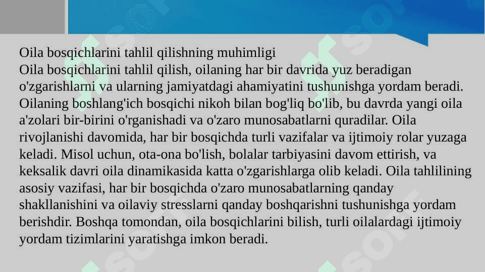 1. Turli mualliflar nuqtai-nazaridan oila bosqichlari tahlili. 2. Psixologik adaptatsiya va oila integratsiyasi. 3. Oilada rollar taqsimoti va oilaning rollar tuzilishi. 4
