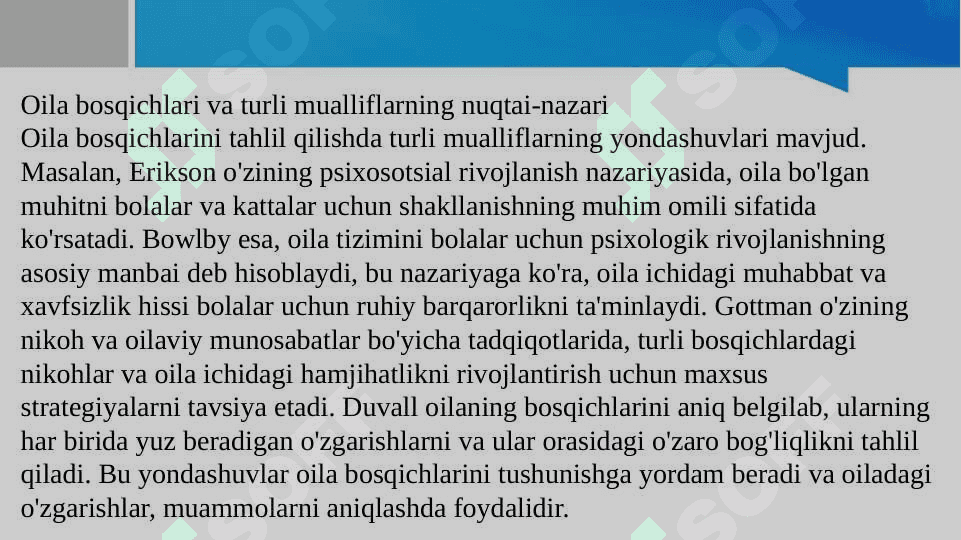 1. Turli mualliflar nuqtai-nazaridan oila bosqichlari tahlili. 2. Psixologik adaptatsiya va oila integratsiyasi. 3. Oilada rollar taqsimoti va oilaning rollar tuzilishi. 5