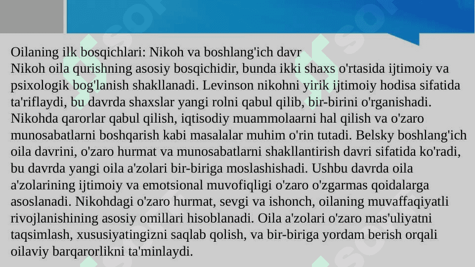 1. Turli mualliflar nuqtai-nazaridan oila bosqichlari tahlili. 2. Psixologik adaptatsiya va oila integratsiyasi. 3. Oilada rollar taqsimoti va oilaning rollar tuzilishi. 6
