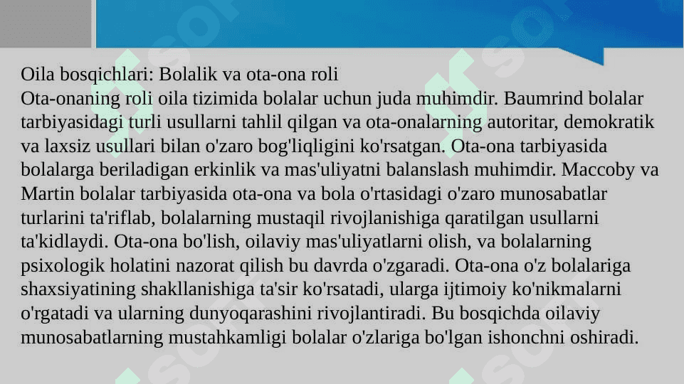 1. Turli mualliflar nuqtai-nazaridan oila bosqichlari tahlili. 2. Psixologik adaptatsiya va oila integratsiyasi. 3. Oilada rollar taqsimoti va oilaning rollar tuzilishi. 7