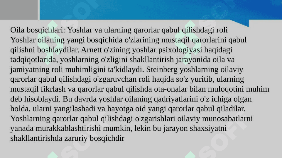 1. Turli mualliflar nuqtai-nazaridan oila bosqichlari tahlili. 2. Psixologik adaptatsiya va oila integratsiyasi. 3. Oilada rollar taqsimoti va oilaning rollar tuzilishi. 8
