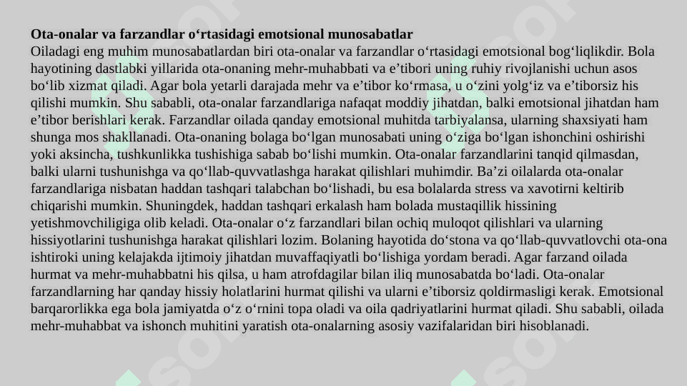1. Oiladagi emotsional munosabatlar xarakteri. 2. Islomda oilaviy munosabatlar masalalari. 3. Oila va oilaviy konsultatsiya. 6