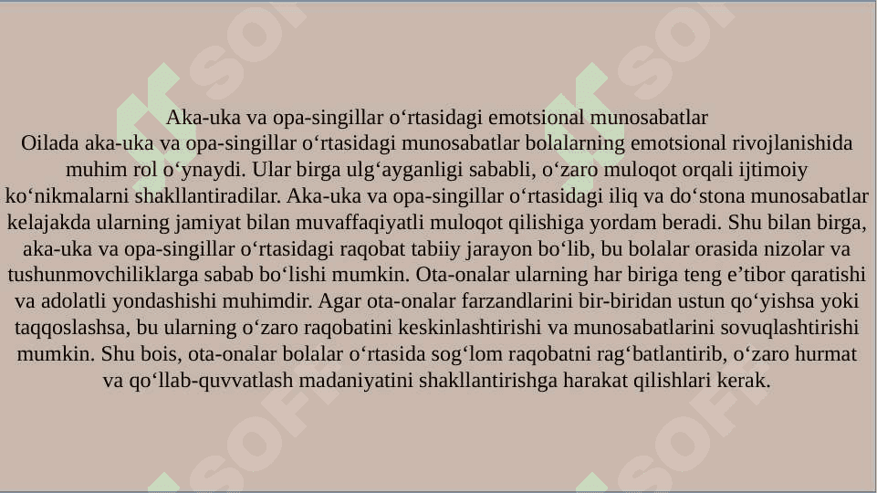 1. Oiladagi emotsional munosabatlar xarakteri. 2. Islomda oilaviy munosabatlar masalalari. 3. Oila va oilaviy konsultatsiya. 7
