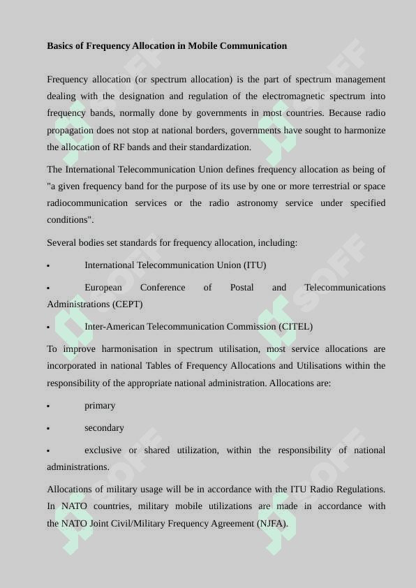 Uplink and Downlink standards and their frequencies used in the mobile communication system 4
