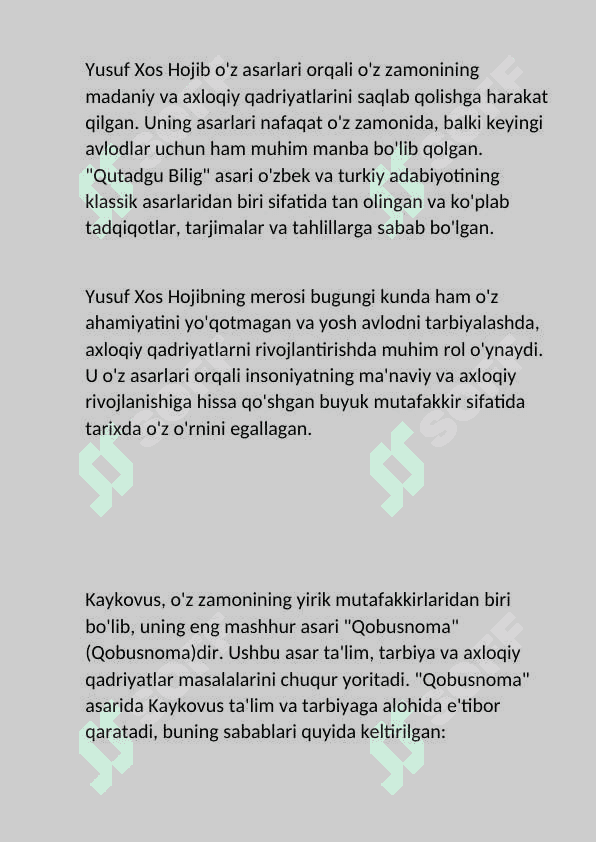 “Yusuf Xos Xojib va Kaykovus asarlarida ta’lim-tarbiya masalalarining yoritilishi  ”. 6