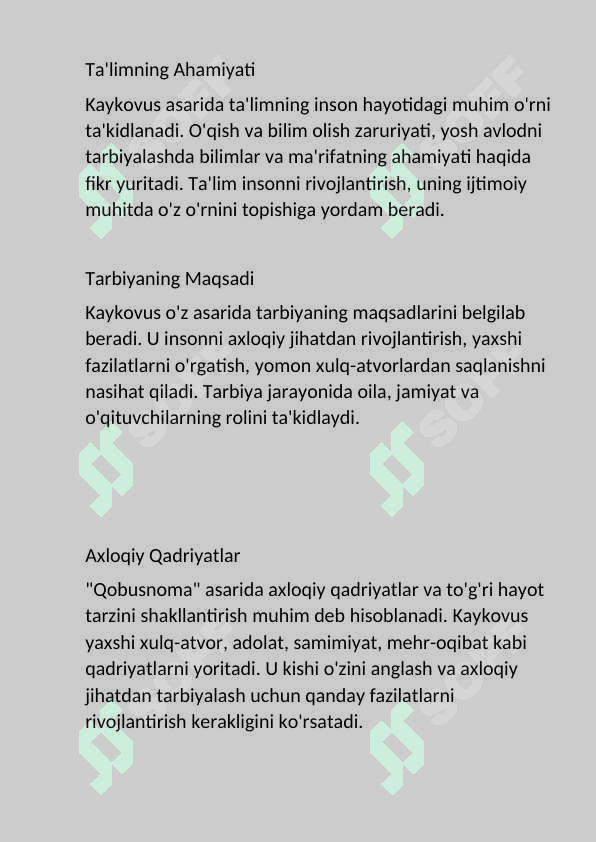“Yusuf Xos Xojib va Kaykovus asarlarida ta’lim-tarbiya masalalarining yoritilishi  ”. 7