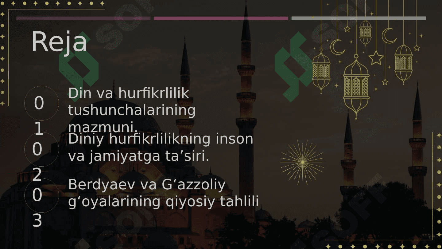 Din va hurfikrlilik "  (Berdyaevning diniy hurfikrlilik haqidagi g'oyalarini G'azzoliy g'oyalari bilan qiyoslash) 2