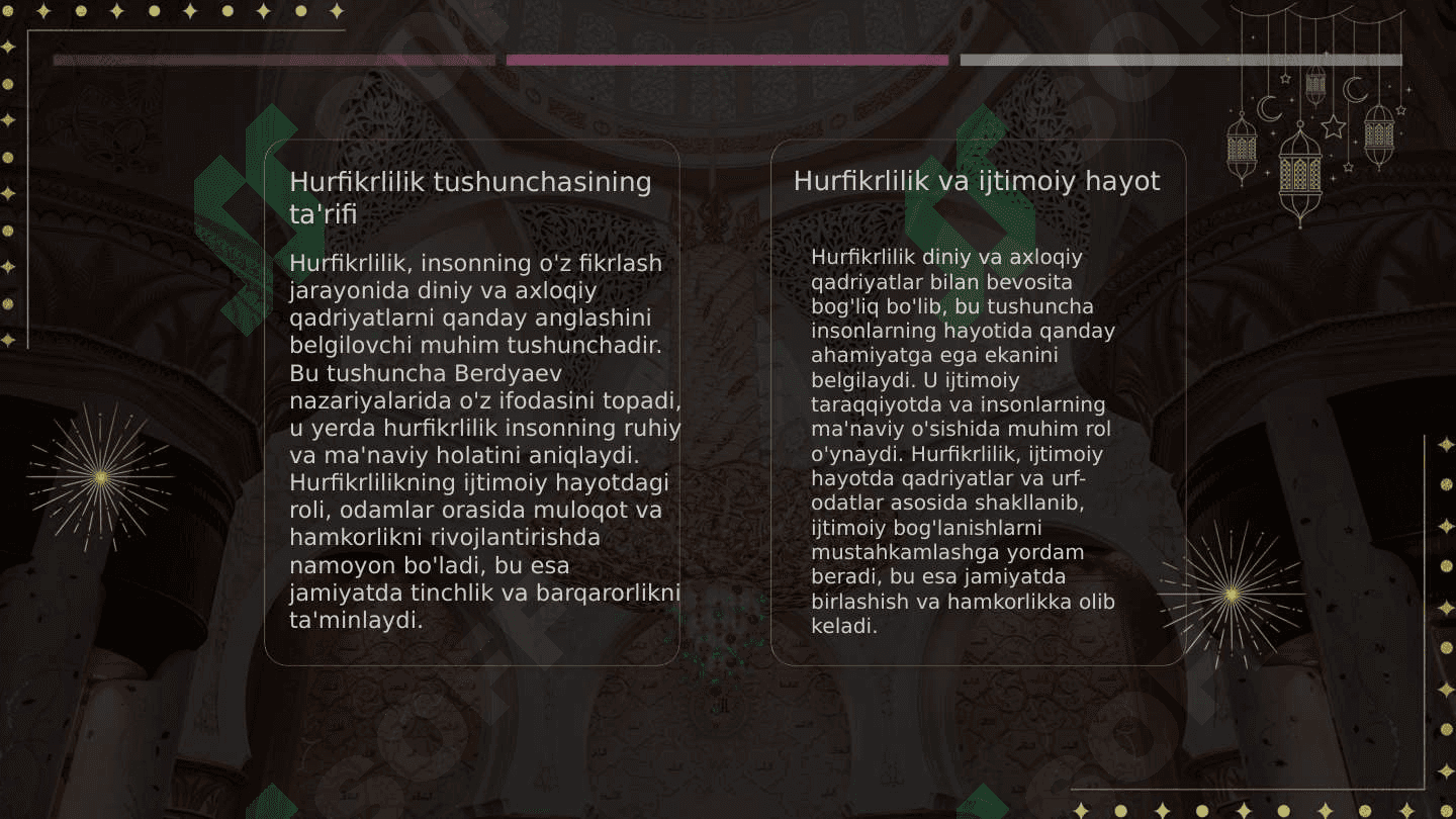 Din va hurfikrlilik "  (Berdyaevning diniy hurfikrlilik haqidagi g'oyalarini G'azzoliy g'oyalari bilan qiyoslash) 5