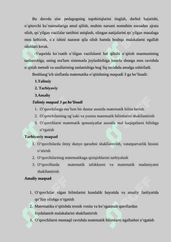BOSHLANG`ICH SINFLARDA MATEMATIKA O’QITISH METODIKASINING VAZIFALARI 5