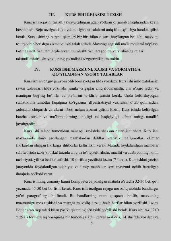 KURS ISHI VA BITIRUV MALAKAVIY ISHINI YOZISH VA UNI HIMOYA QILISh BO‘YIChA METODIK YO‘RIQNOMA 5
