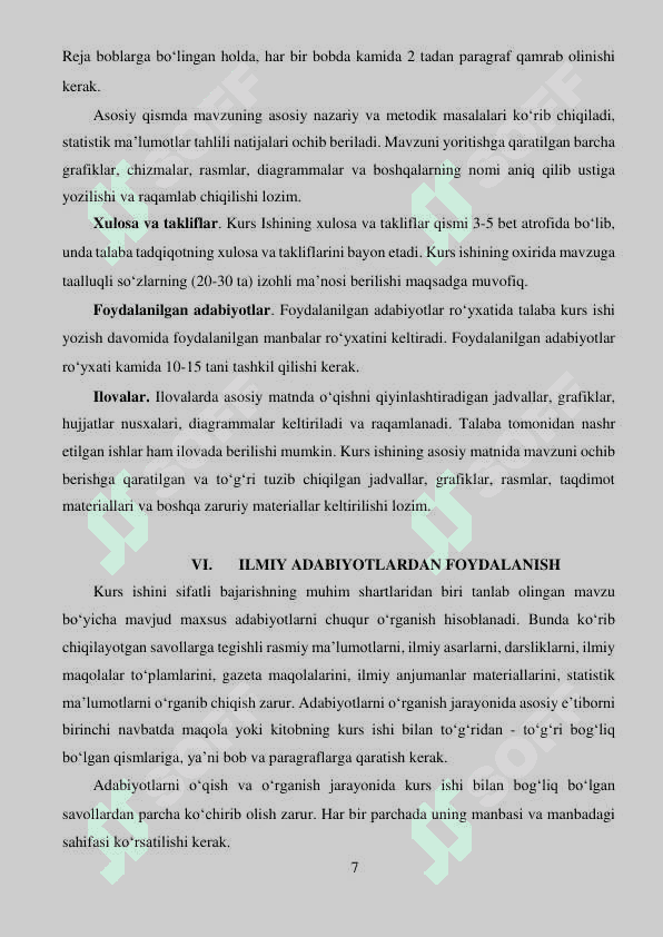 KURS ISHI VA BITIRUV MALAKAVIY ISHINI YOZISH VA UNI HIMOYA QILISh BO‘YIChA METODIK YO‘RIQNOMA 7