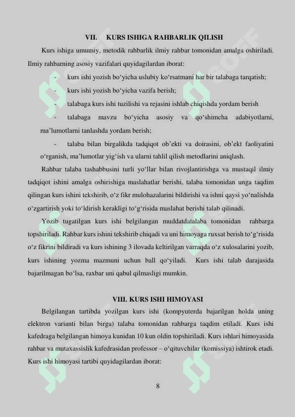 KURS ISHI VA BITIRUV MALAKAVIY ISHINI YOZISH VA UNI HIMOYA QILISh BO‘YIChA METODIK YO‘RIQNOMA 8