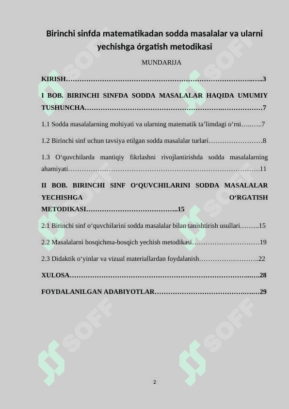 Birinchi sinfda matematikadan sodda masalalar va ularni yechishga o'rgatish metodikasi. mavzusida kurs ishi 2