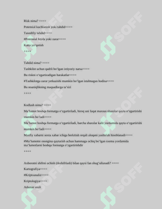 KIBERXAVSIZLIK FANIDAN TESTLAR 300 TA 6