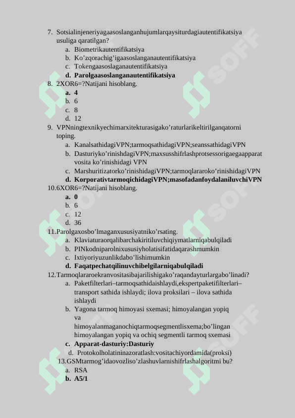 KIBERXAVSIZLIK FANIDAN TESTLAR-2  234 ta 2