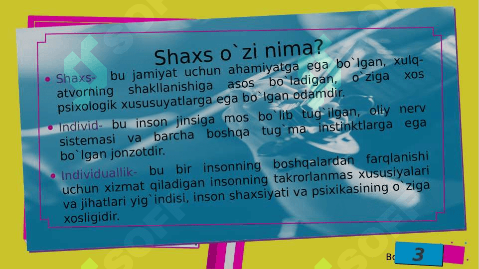 Psixologiyada shaxs va uning shakllanishiga ta'sir qiluvchi omillar. 3