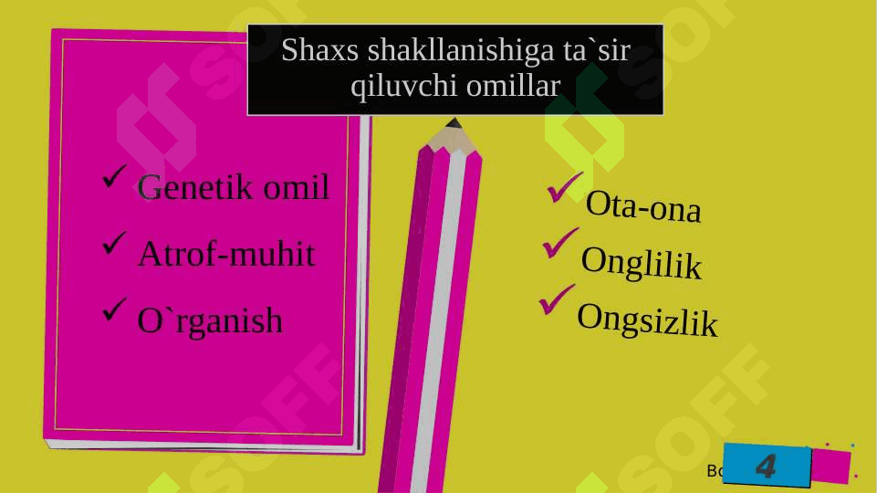 Psixologiyada shaxs va uning shakllanishiga ta'sir qiluvchi omillar. 4