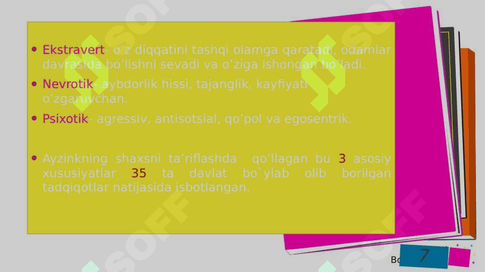 Psixologiyada shaxs va uning shakllanishiga ta'sir qiluvchi omillar. 7