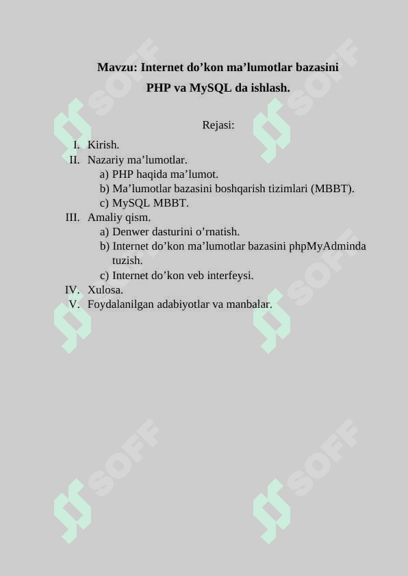 Internet do’kon ma’lumotlar bazasini PHP va MySQL da ishlash. 2