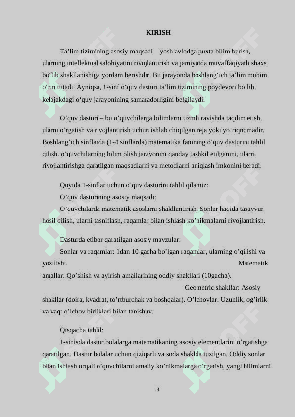 O‘QUV DASTURI TAHLILI. (1-SINF KESIMIDA) 3