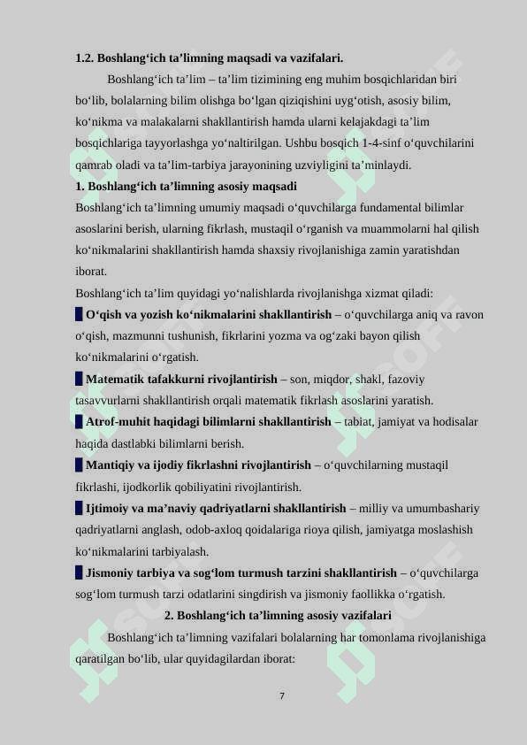O‘QUV DASTURI TAHLILI. (1-SINF KESIMIDA) 7