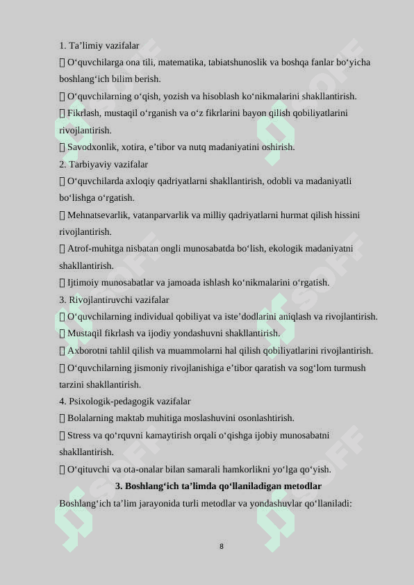 O‘QUV DASTURI TAHLILI. (1-SINF KESIMIDA) 8