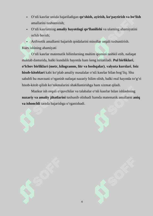 O‘NLI KASRLAR USTIDA ARIFMETIK AMALLAR 4