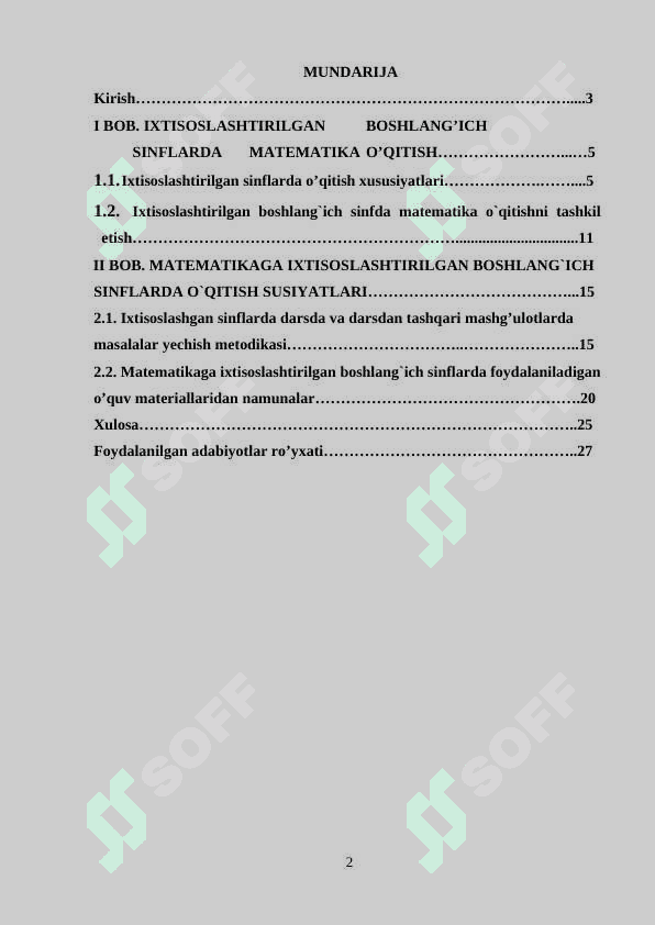 IXTISOSLASHTIRILGAN 	BOSHLANG’ICH 	SINFLARDA 	MATEMATIKA 	O’QITISH 2
