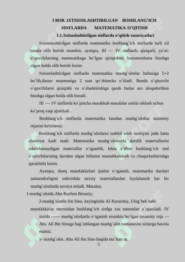 IXTISOSLASHTIRILGAN 	BOSHLANG’ICH 	SINFLARDA 	MATEMATIKA 	O’QITISH 5
