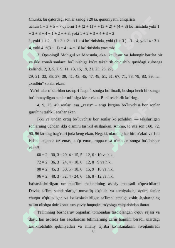 IXTISOSLASHTIRILGAN 	BOSHLANG’ICH 	SINFLARDA 	MATEMATIKA 	O’QITISH 8