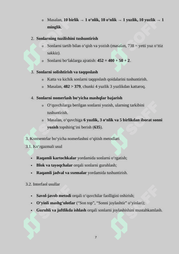 KONSENTRLAR (10, 100, 1000 VA KO‘P XONALI SONLAR)  BO‘YICHA NOMERLASHGA O‘RGATISH METODI 7