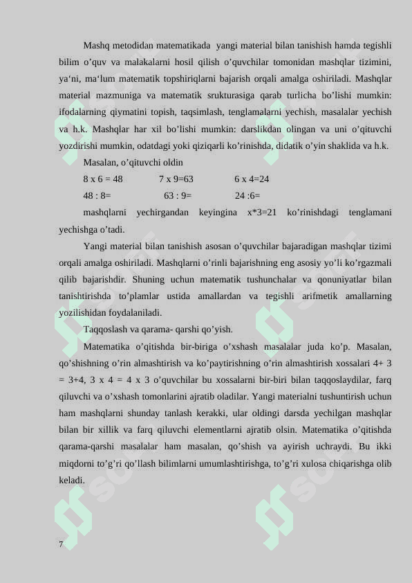 Ko’p xonali sonlar ichida ko’paytirish va bo’lishga o’rgatish metodikasi 7