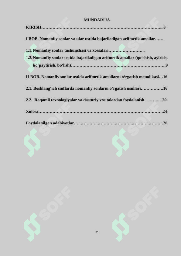 NOMANFIY SONLAR USTIDA ARIFMETIK AMALLARNI O‘RGATISH METODIKASI 2