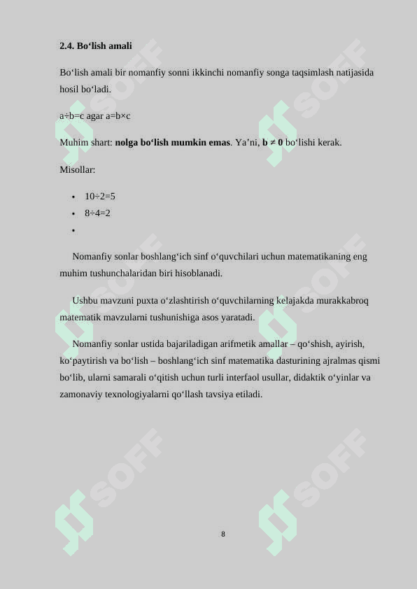 NOMANFIY SONLAR USTIDA ARIFMETIK AMALLARNI O‘RGATISH METODIKASI 8
