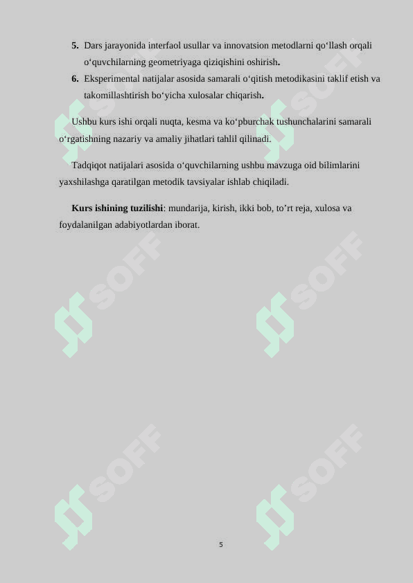 NUQTA, KESMA, KO‘PBURCHAK TUSHUNCHASI HAQIDA TASAVVURNI SHAKLLANTIRISH VA ULARNI CHIZISH, AYRIM XOSSALARI BILAN TANISHTIRISH METODIKASI 5