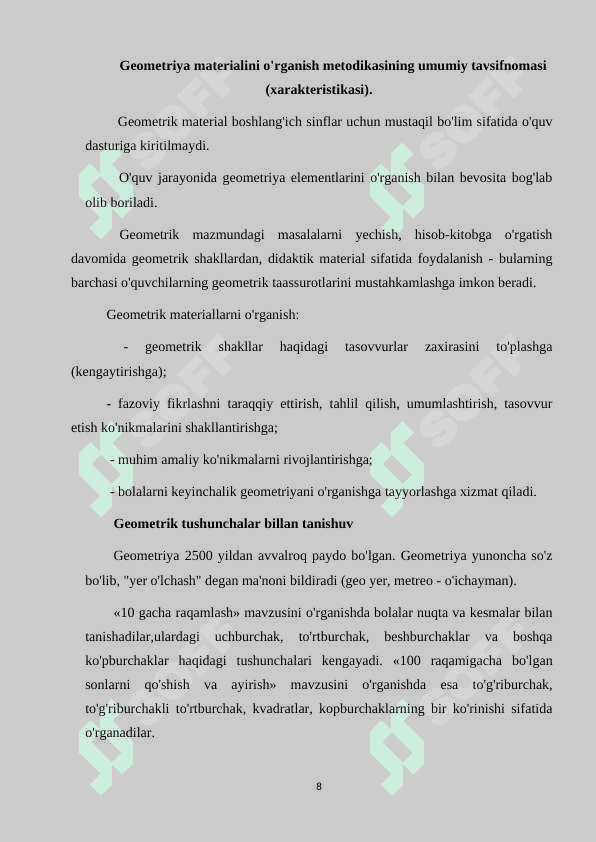 NUQTA, KESMA, KO‘PBURCHAK TUSHUNCHASI HAQIDA TASAVVURNI SHAKLLANTIRISH VA ULARNI CHIZISH, AYRIM XOSSALARI BILAN TANISHTIRISH METODIKASI 8