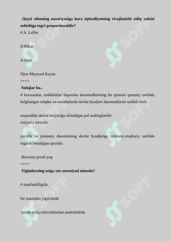 Soliq nazariyalari uchun testlar toʻplami 6