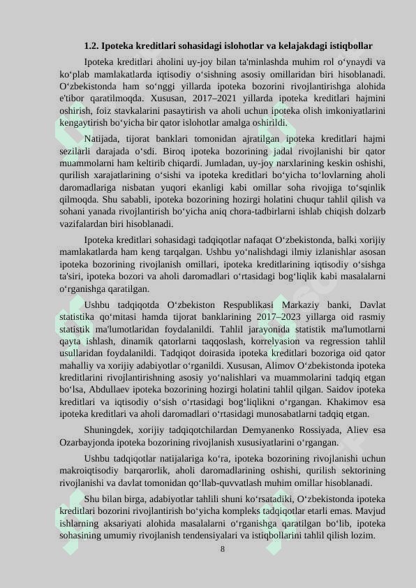 Oʼzbekiston Respublikasi iqtisodiyotida ipoteka kreditining tutgan oʼrni va uni rivojlantirish istiqbollari 8