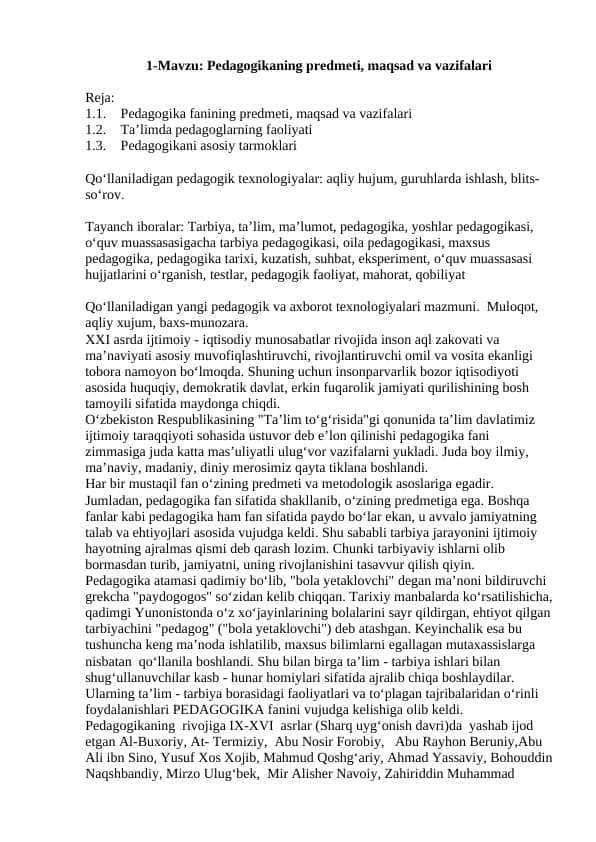 Pedagogikaning predmeti, maqsad va vazifalari