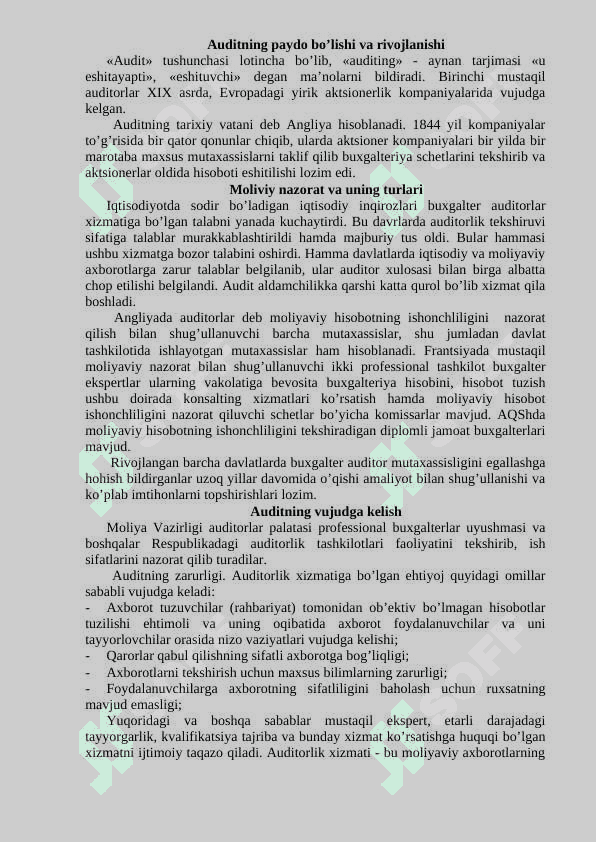 Auditga umumiy tavsif. Auditning normativ huquqiy asoslari. 2